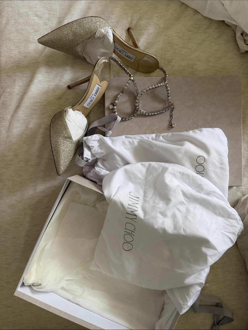 Jimmy Choo Gold Glitter Pointed Toe Heels with Crystal Chain - Saeda 100 Crystal